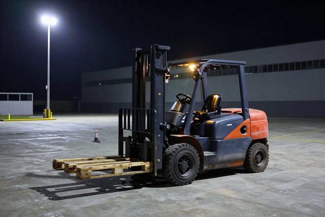 Montacargas en operación nocturna con iluminación industrial en Cali.