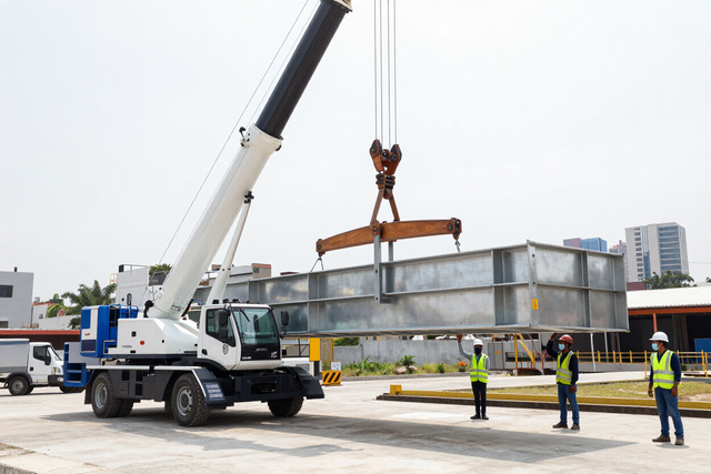 Grúa hidráulica levantando estructura metálica en una obra urbana de Cali.