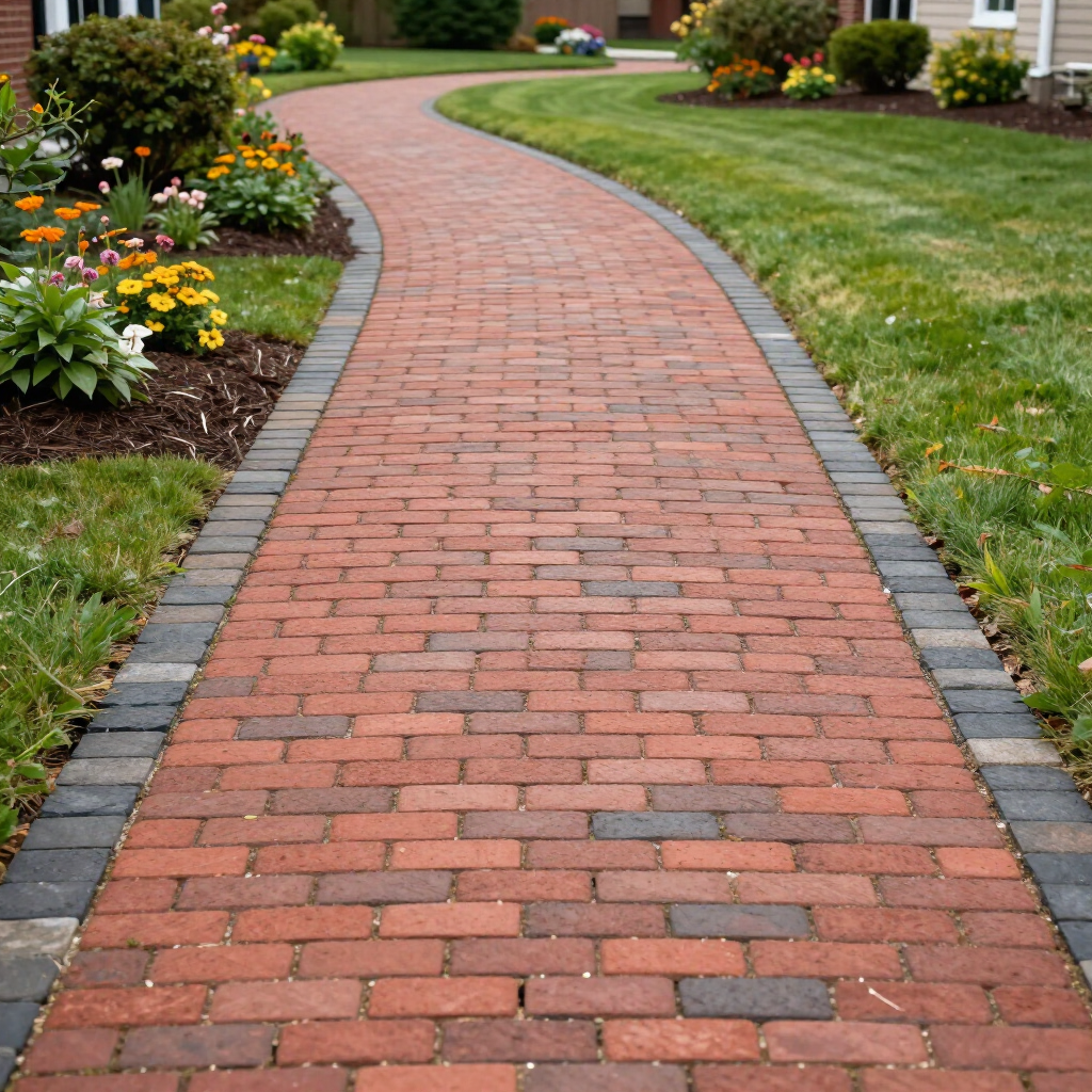 Curved red brick garden path bordered by gray pavers, lawn, and flower beds