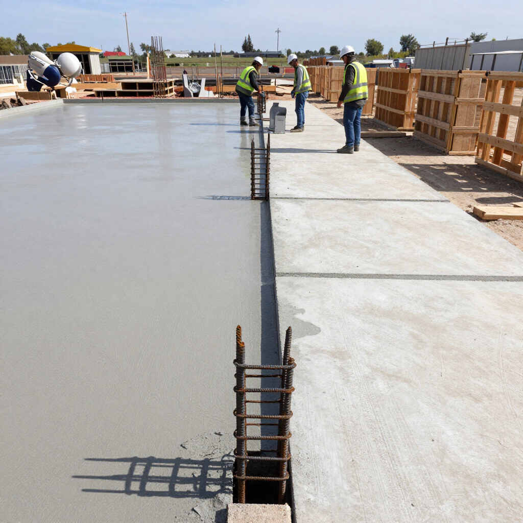 Concrete slab construction with workers near a rebar trench on a building site
