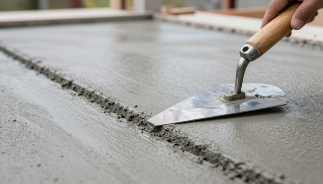 Fresh concrete being finished with clean edges on a residential patio construction site.