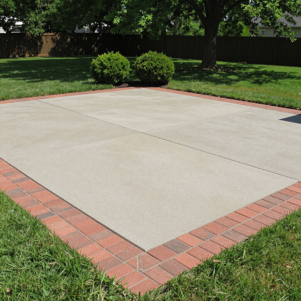 Concrete patio bordered by red brick, surrounded by green grass and shrubs in a sunny backyard
