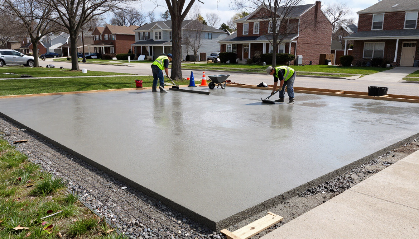 Workers smoothing fresh concrete slab in a suburban driveway, with houses and bare trees in the background.