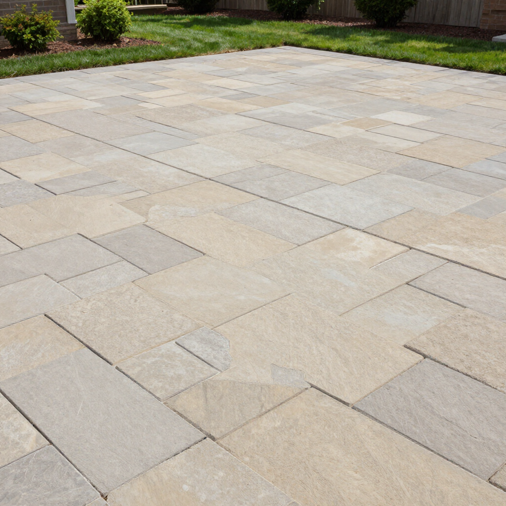 Empty light stone patio in a backyard, bordered by grass and shrubs
