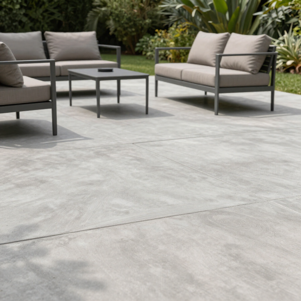 Modern patio with gray outdoor sofas, a small black table, and light concrete paving surrounded by greenery