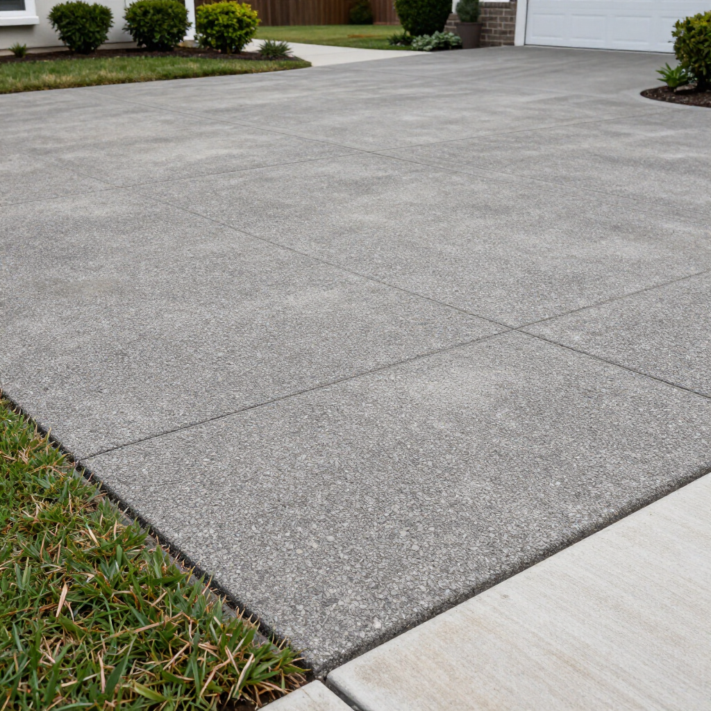 Concrete driveway in front of a house, bordered by grass and shrubs