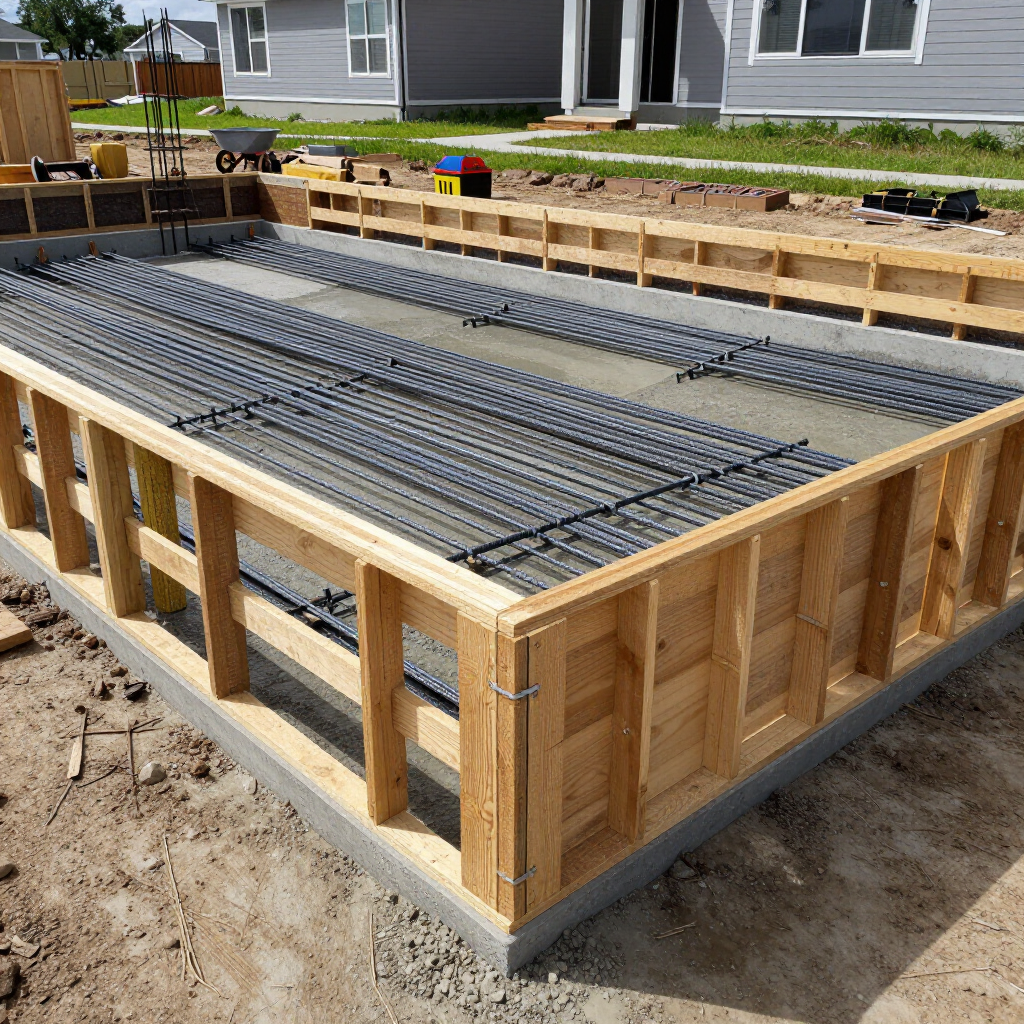 Wooden foundation form with steel rebar grid at a house construction site