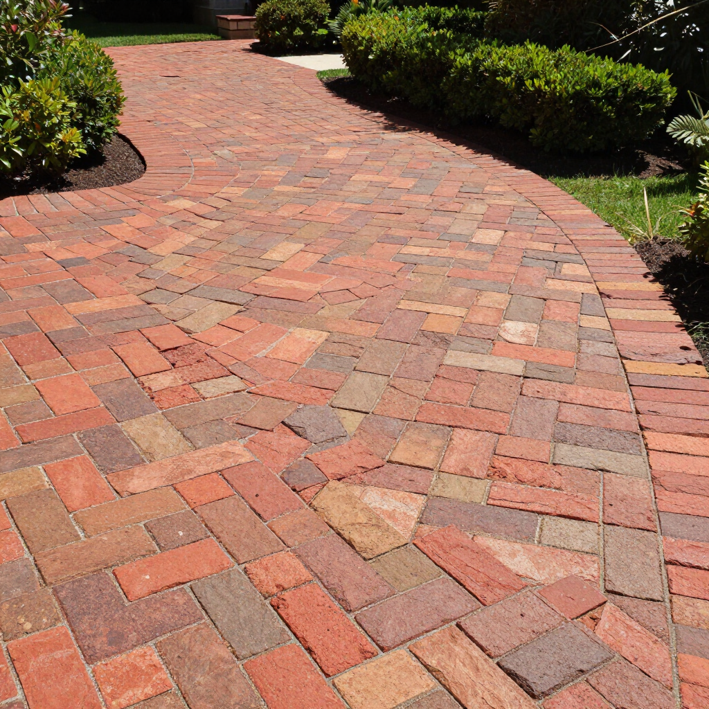 Curved brick walkway in a landscaped garden with red and tan pavers