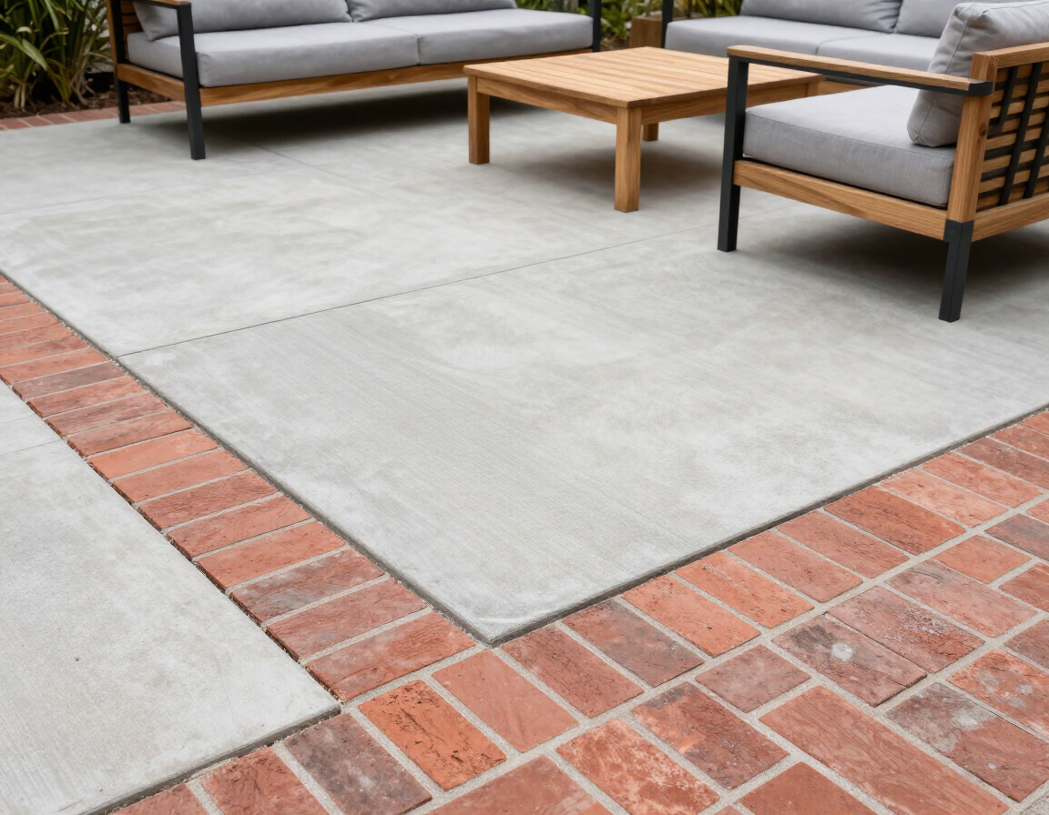 Patio seating area with gray sofas and a wooden coffee table on a concrete and brick patio