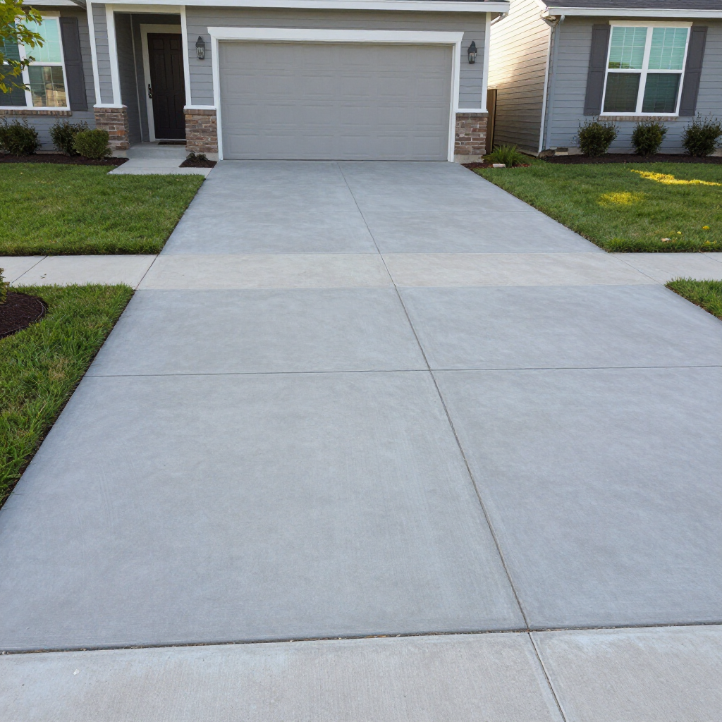 Concrete driveway leading to a single-car garage on a suburban house