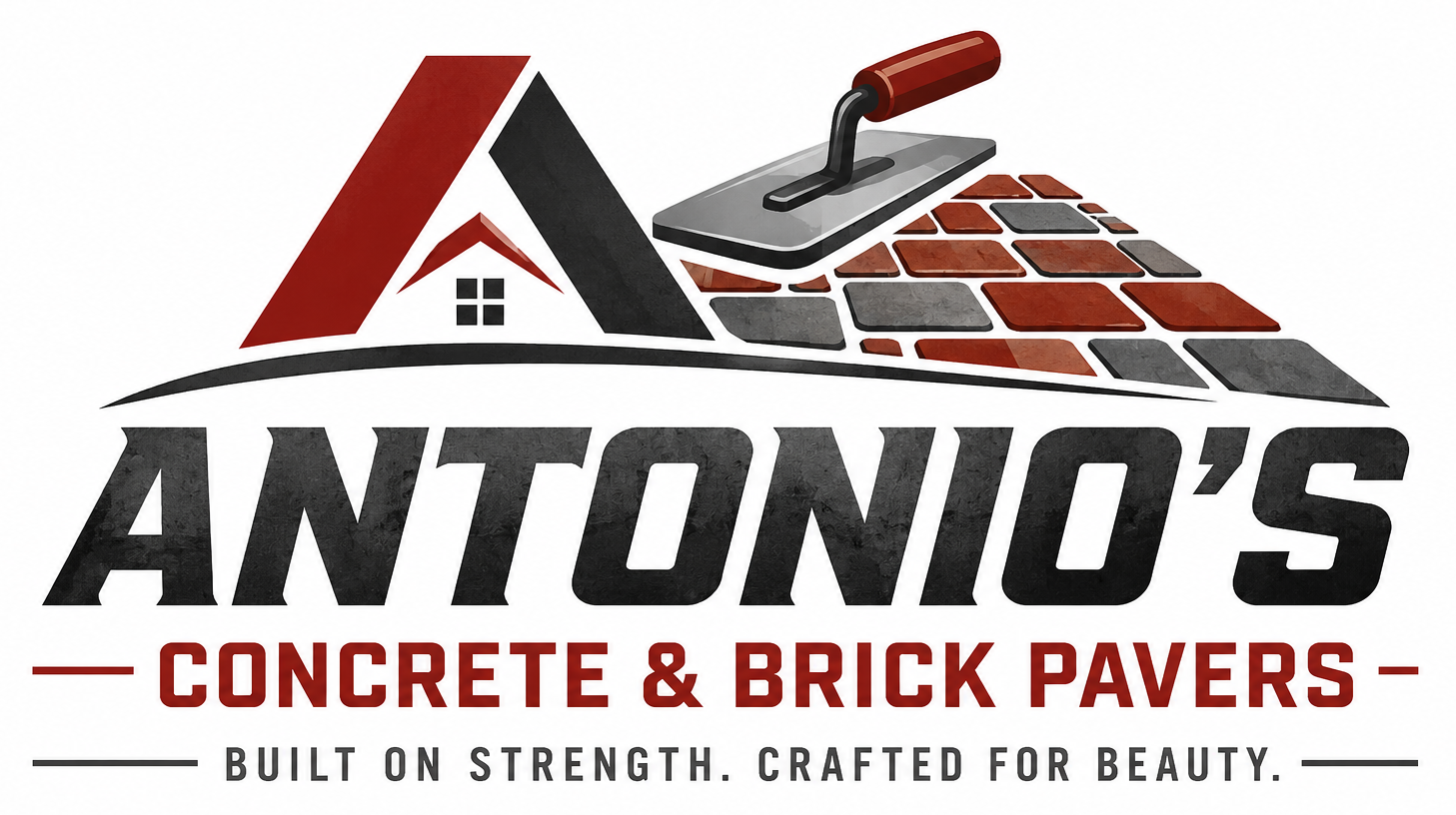 Antonio&rsquo;s Concrete & Brick Pavers logo with trowel, roof, and brick paver design in red, black, and gray