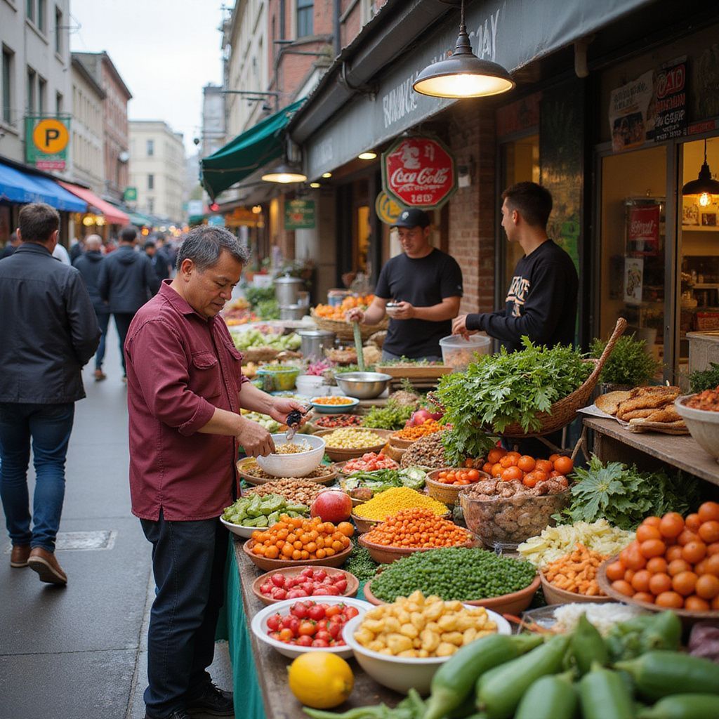 A man shopping for vegetables at an outdoor market. Others shop and work under awnings.