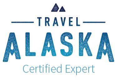 Travel Alaska logo with blue text and mountain graphic, certified expert.