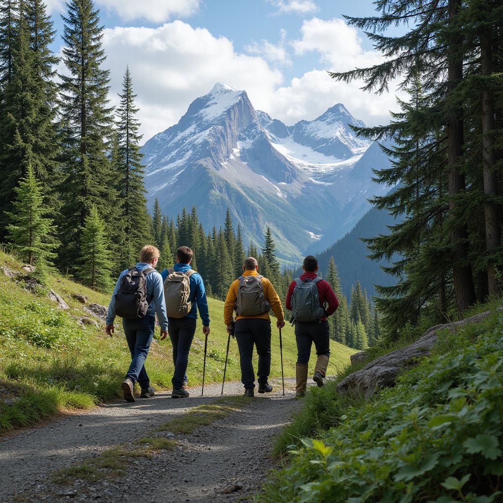 Four hikers on a mountain trail, approaching snow-capped peaks. Green trees line the path.