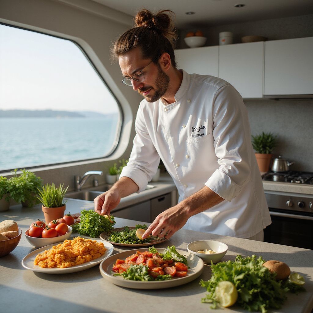Chef in white coat preparing food on a boat, with ocean view.