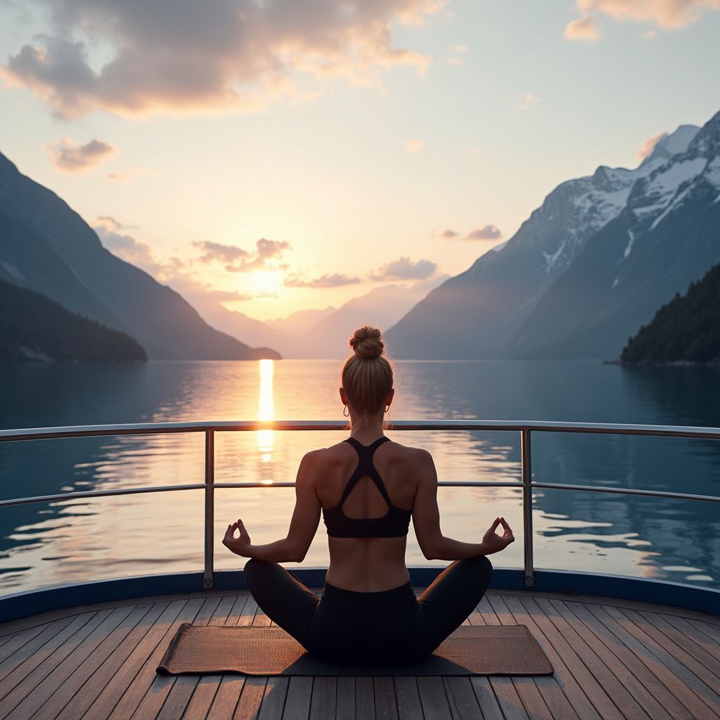 Woman in yoga pose on deck, lake and mountains at sunset.