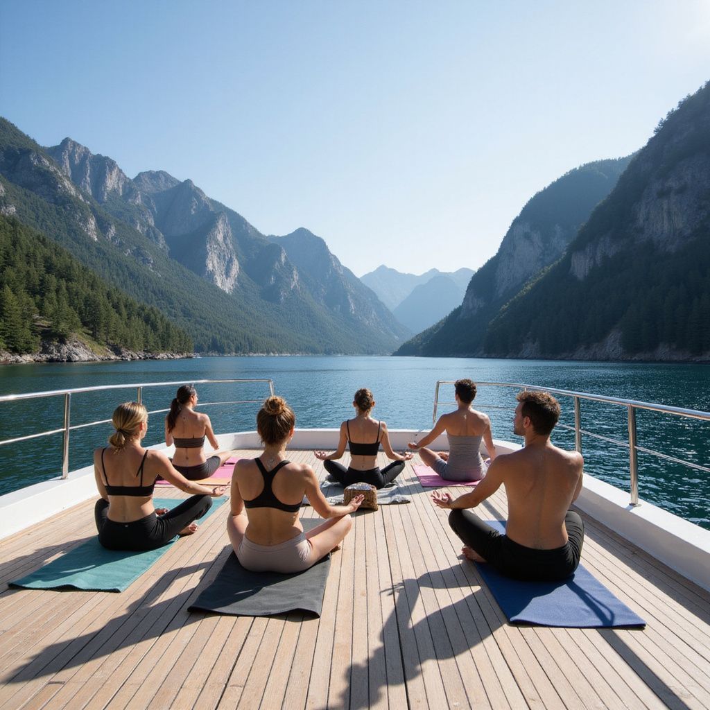 People doing yoga on a boat deck, surrounded by mountains and water. Blue sky.