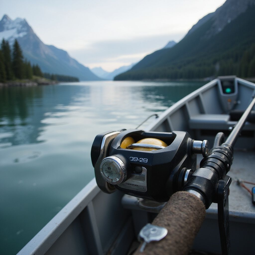 Fishing rod in a boat on a lake with mountains in the background.