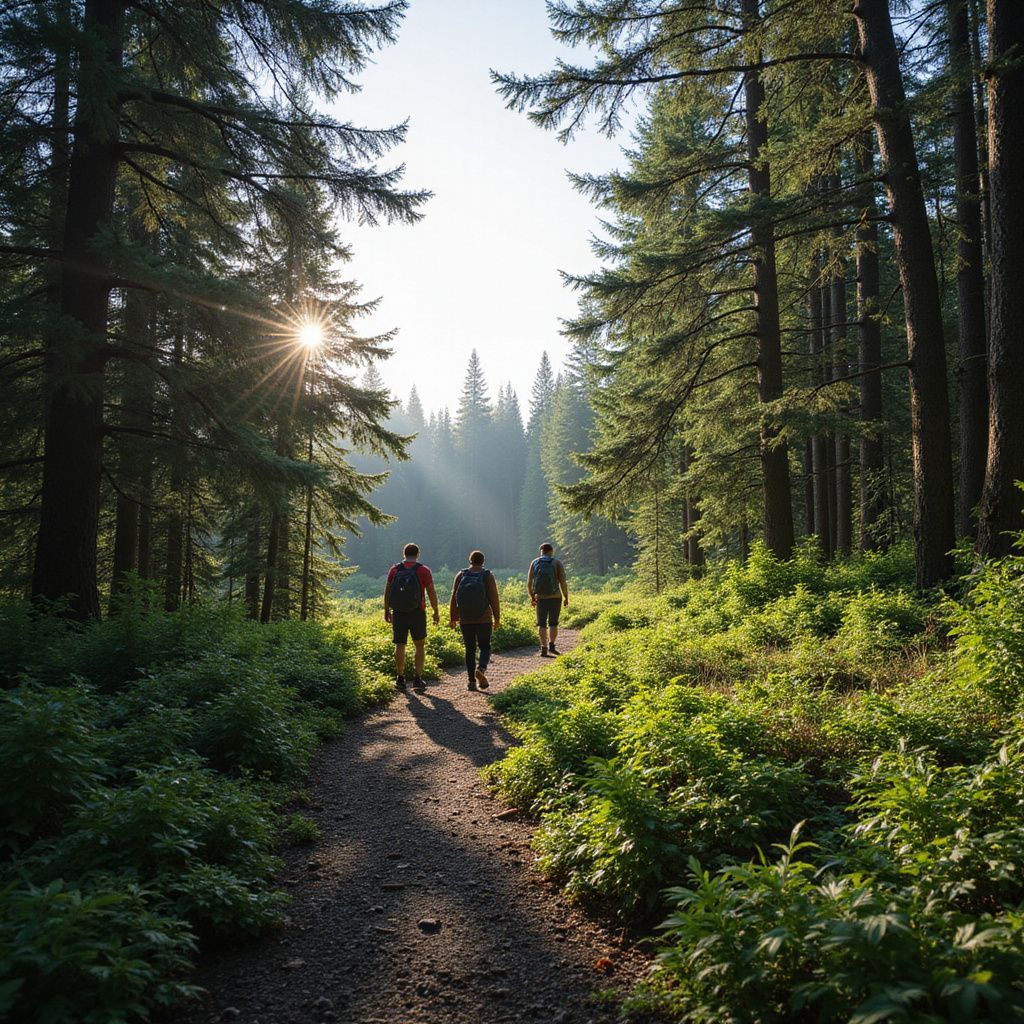 Hikers walking on a path through a forest; sun shining through trees.