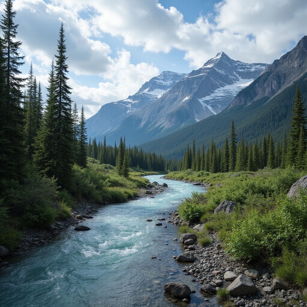 River flowing through a forest towards snow-capped mountains under a partly cloudy sky.