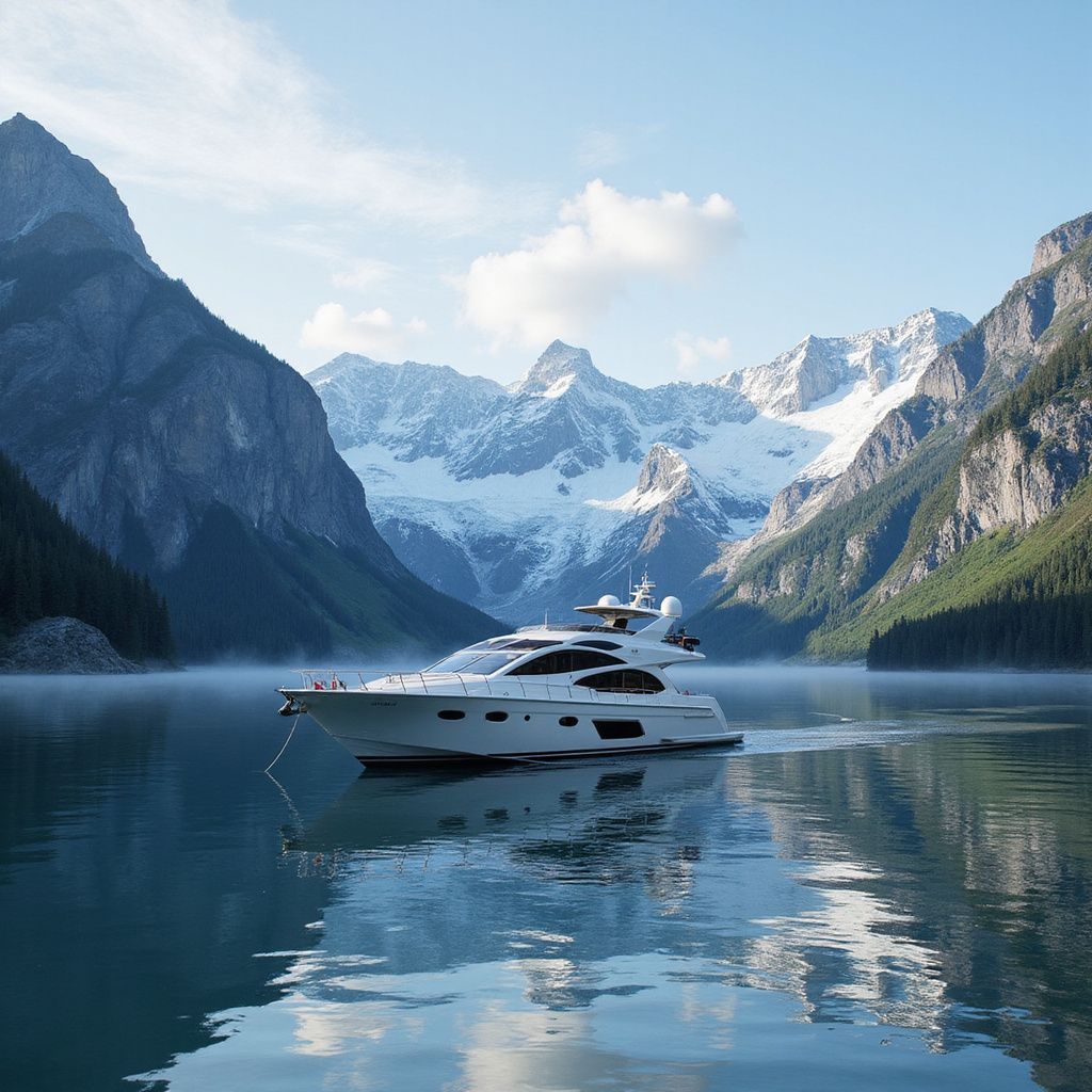 White yacht cruising on calm lake surrounded by mountains and snow.