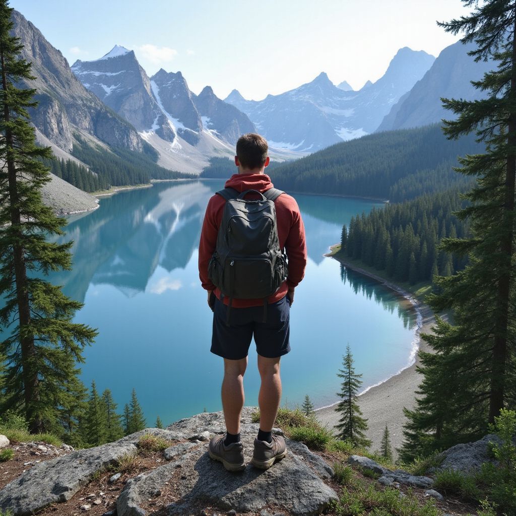 Person with backpack overlooks a turquoise lake surrounded by mountains and trees.
