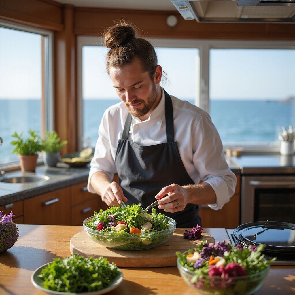 Chef in kitchen preparing salad with ocean view.