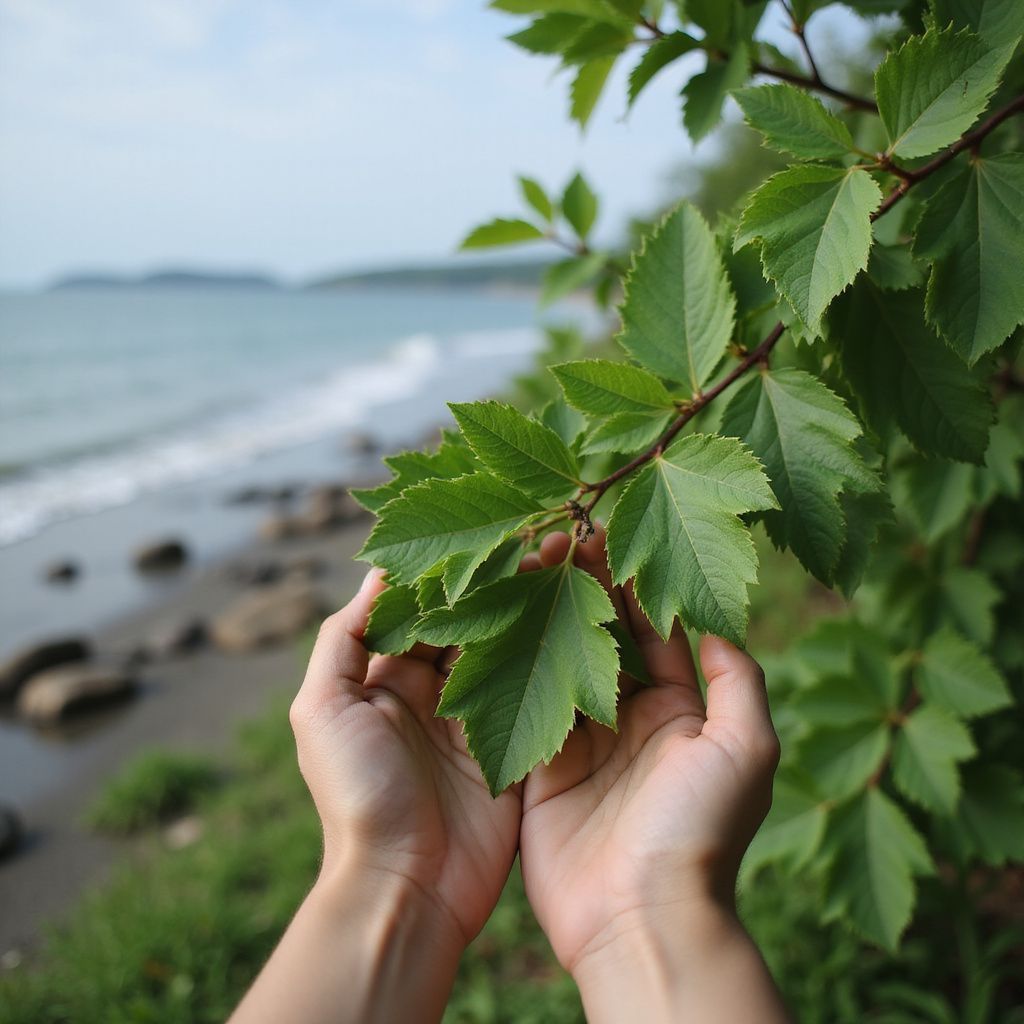Hands cupping green leaves on a branch. Background: blurry beach, water, and sky.