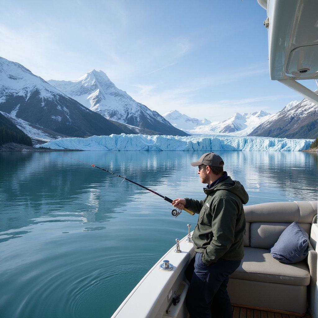 Man fishing from a boat in front of a glacier and snow-capped mountains on a sunny day.