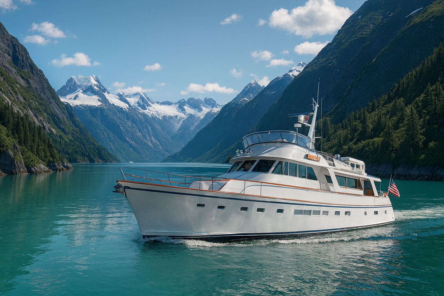 Yacht in calm water with glacier and snow-capped mountains at sunset; orange and blue hues.