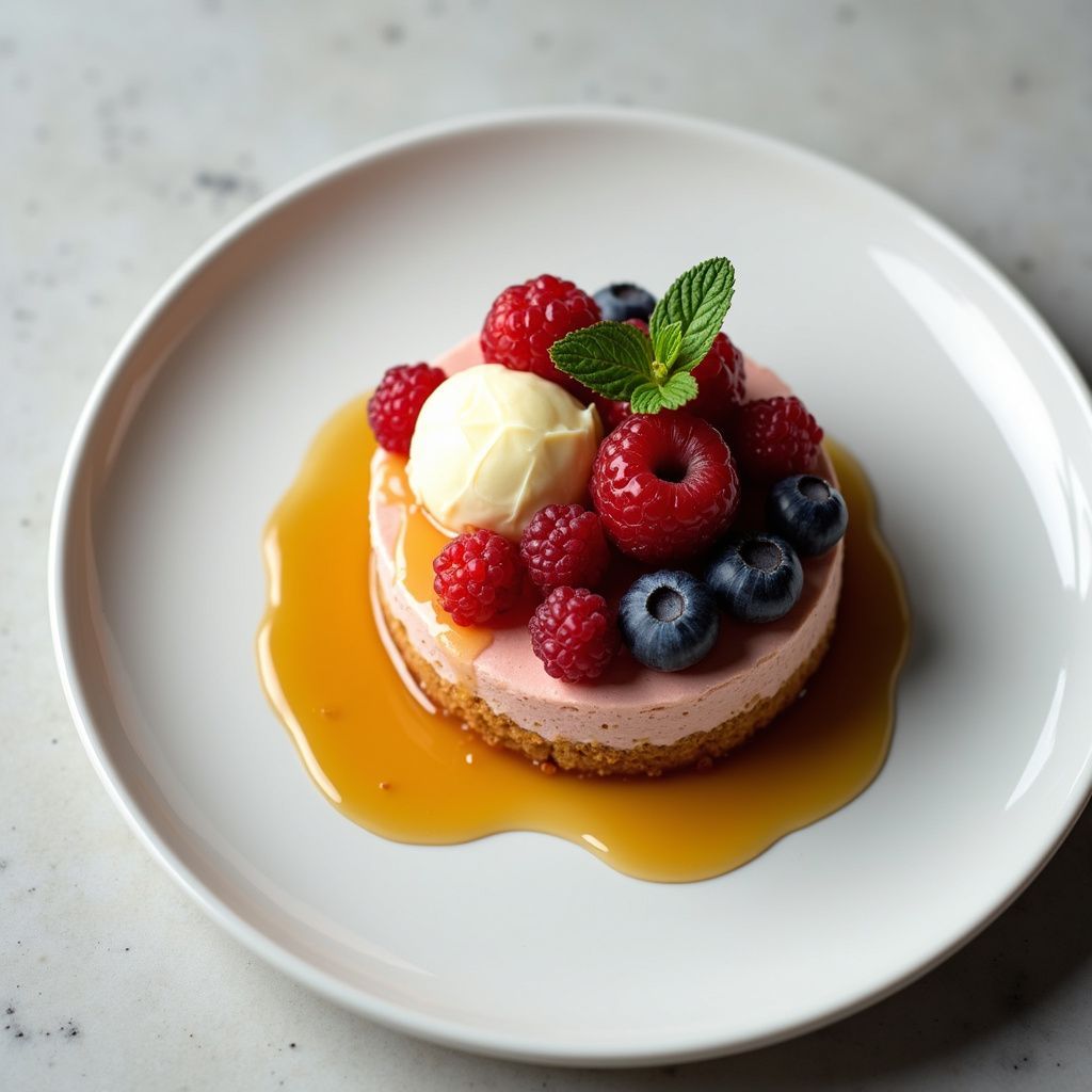 Cheesecake dessert with raspberries, blueberries, ice cream, mint, and caramel sauce on white plate.