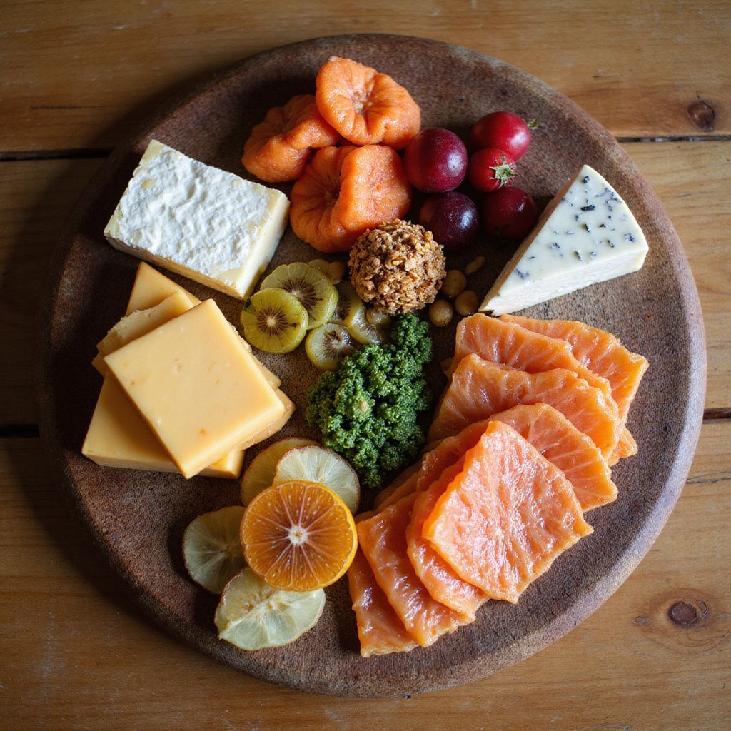 Charcuterie board with cheese, smoked salmon, fruit, nuts, and pesto on a wooden plate.