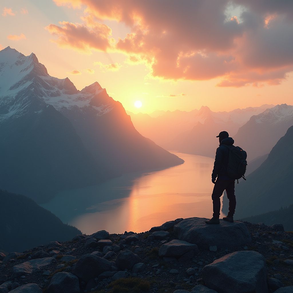 Hiker stands atop mountain, looking over valley and river at sunset.