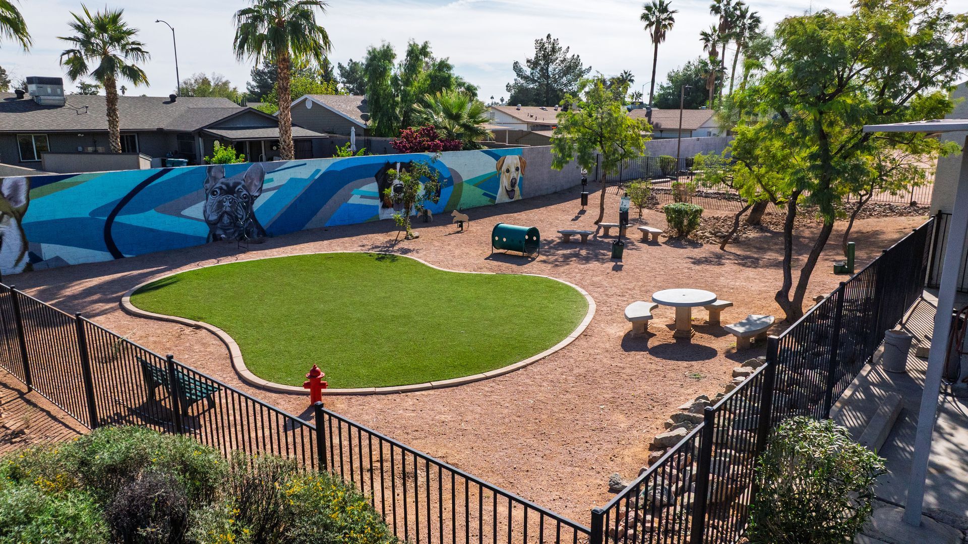 Dog park with artificial turf, benches, and a colorful mural along a fence.