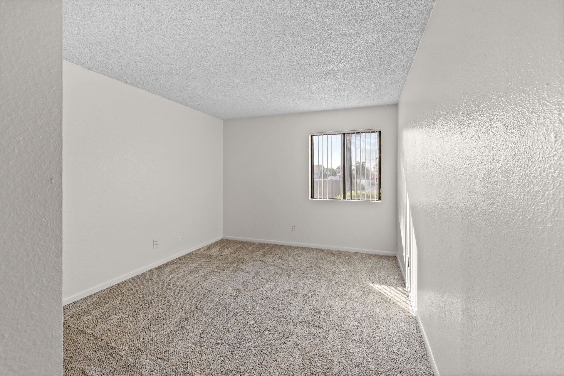 Empty room with beige carpet, white walls, textured ceiling, and a window with blinds.