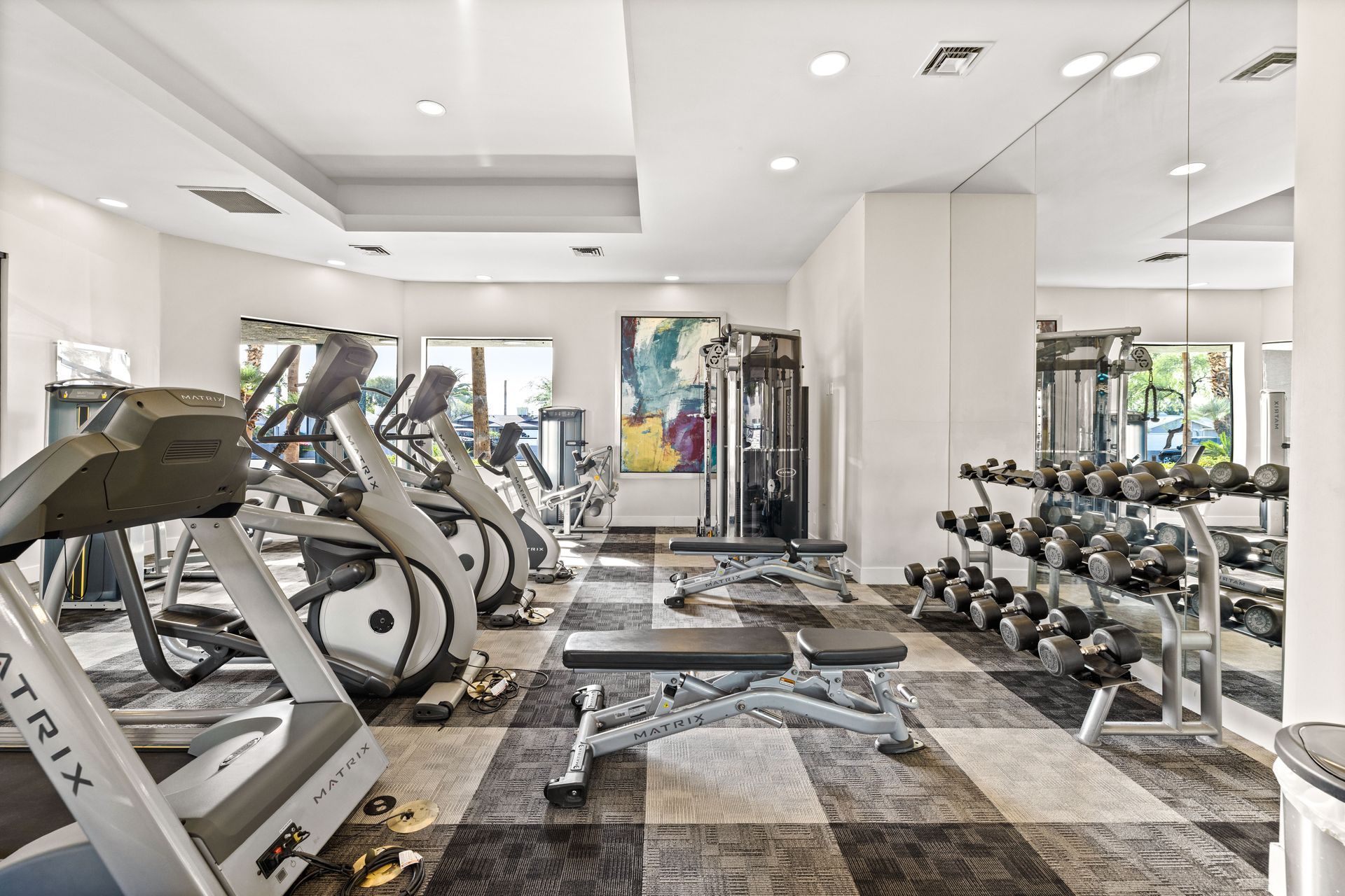 Gym with cardio machines, weights, bench, and mirrors. Well-lit, modern interior.