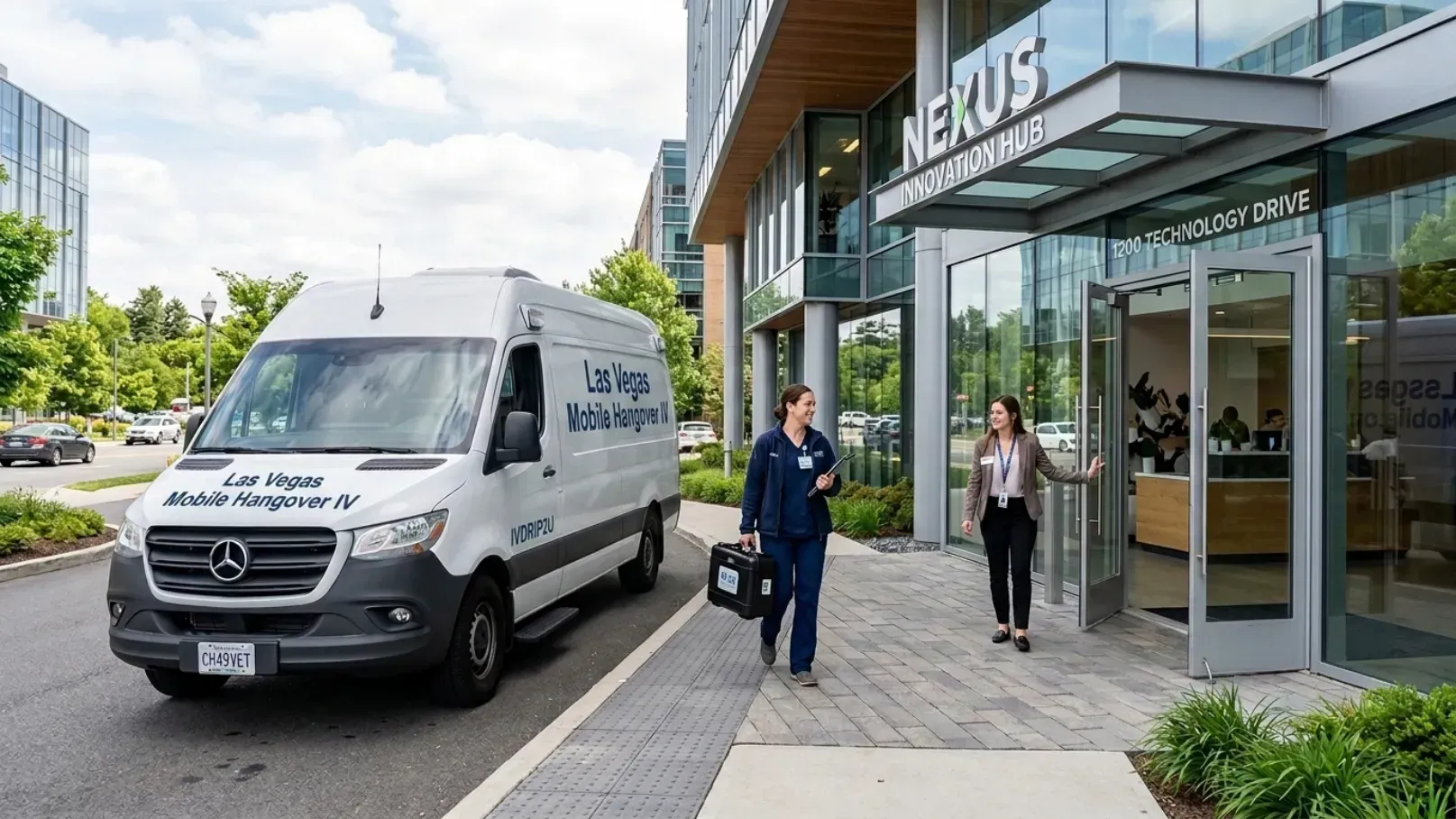 A specialized medical vehicle or nurse arriving at a client's modern office space