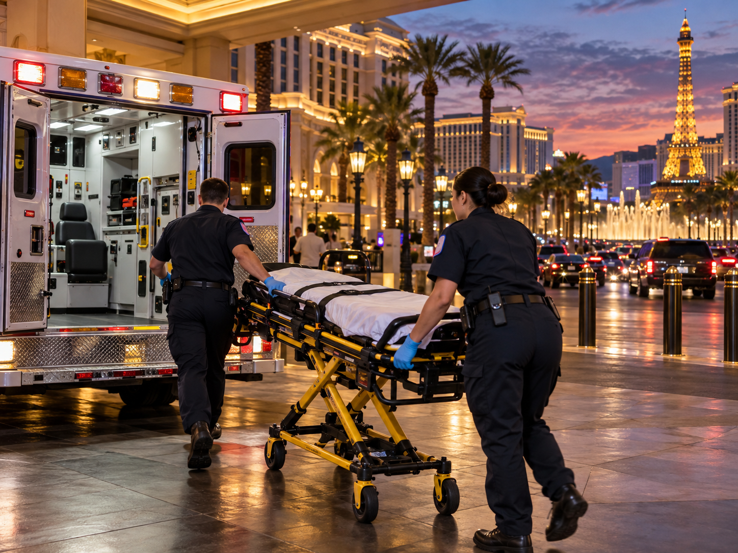 photographic alt of paramedics wheeling a gurney toward an ambulance outside a brightly lit Las Vegas Strip hotel at dusk