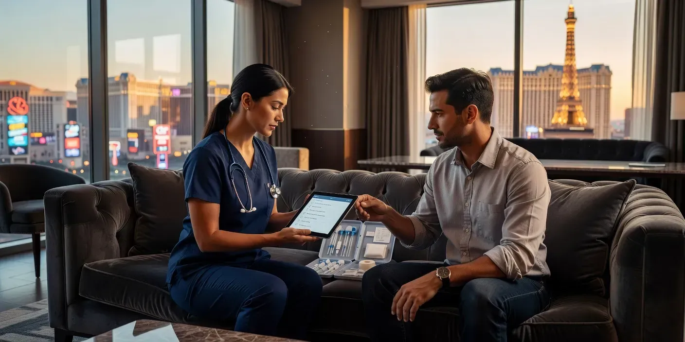 Clinician reviewing a tablet checklist with a guest on a Las Vegas hotel sofa before starting an IV line
