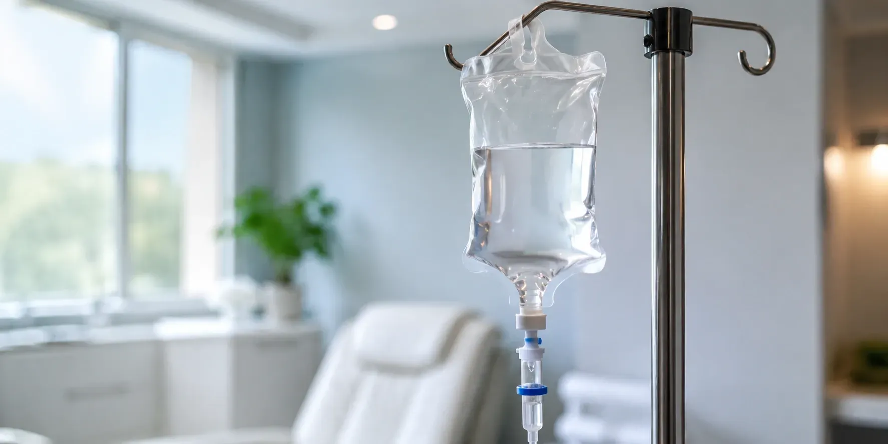 Close-up of a Performance & Recovery IV drip bag on a medical stand, supporting hydration, energy, and post-workout recovery.