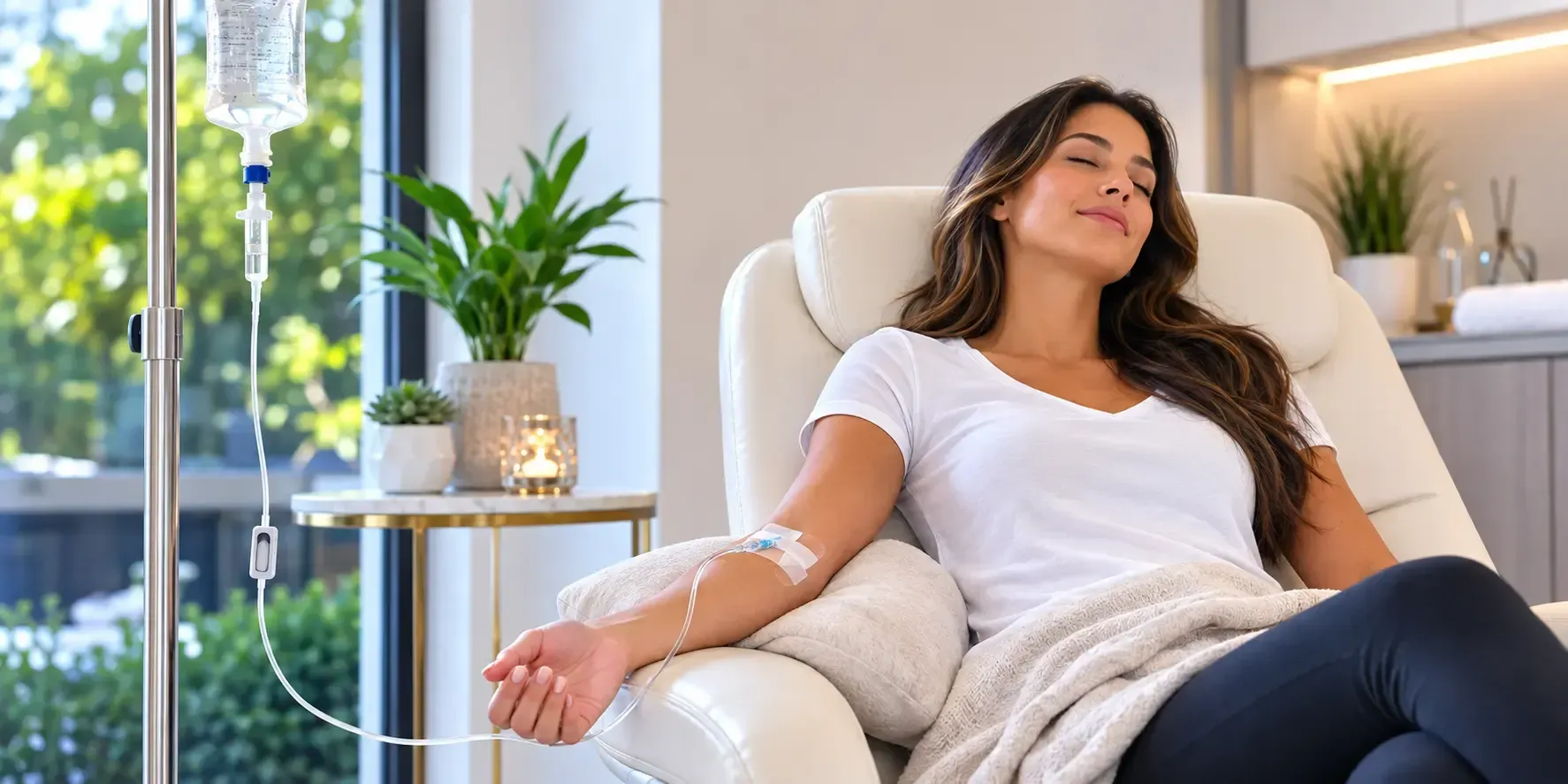 Hangover IV drip therapy with a relaxed woman receiving hydration through an IV in a modern wellness clinic.