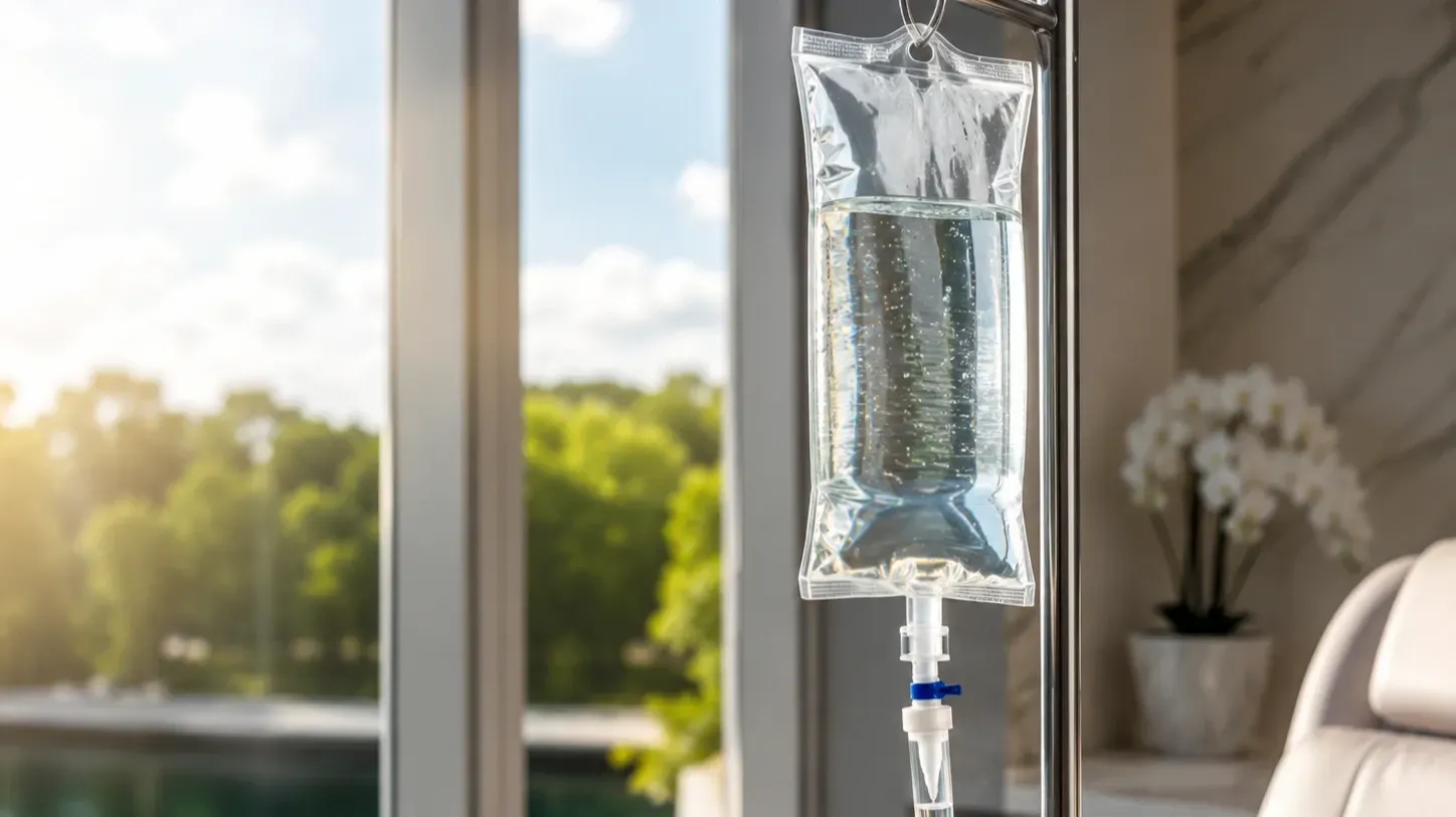 Close-up of a clear IV drip bag hanging on a stand by a bright window, representing convenient mobile IV therapy and hydration support.