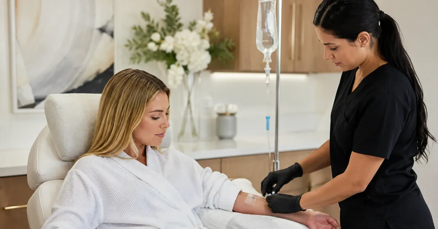 Medical professional administering an IV hydration drip to a relaxed patient in a modern wellness clinic, showcasing professional IV hydration therapy in Las Vegas, NV.
