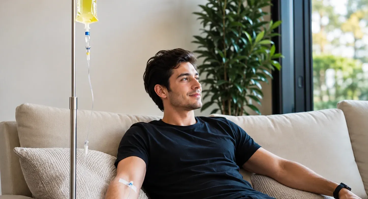 Person relaxing on a couch at home while receiving a mobile IV hydration drip in Las Vegas, promoting convenient wellness and recovery therapy.