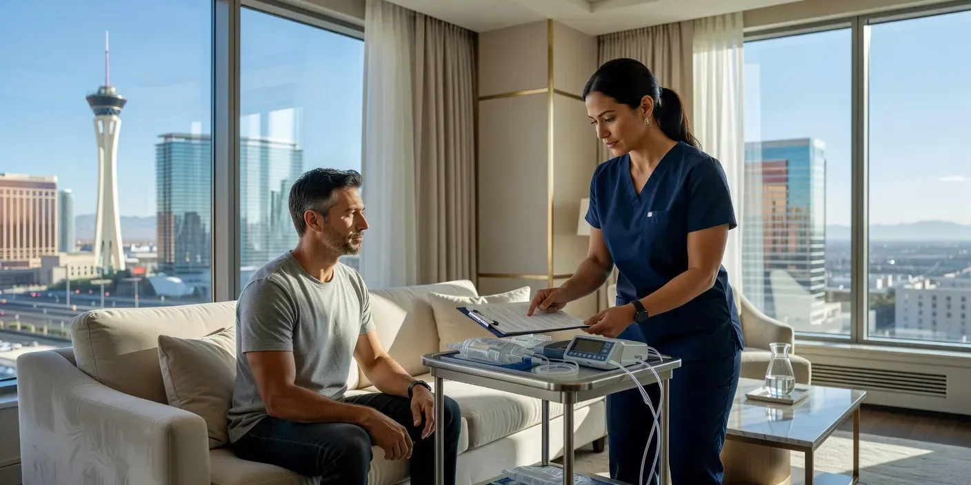 Mobile IV clinician reviewing a consent form with a guest in a Las Vegas hotel suite near the Strip

