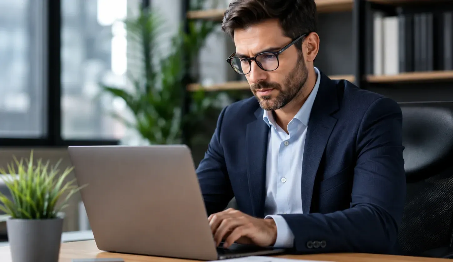 Business professional receiving the benefits of NAD+ wellness through focused work, using a laptop in a modern office setting.