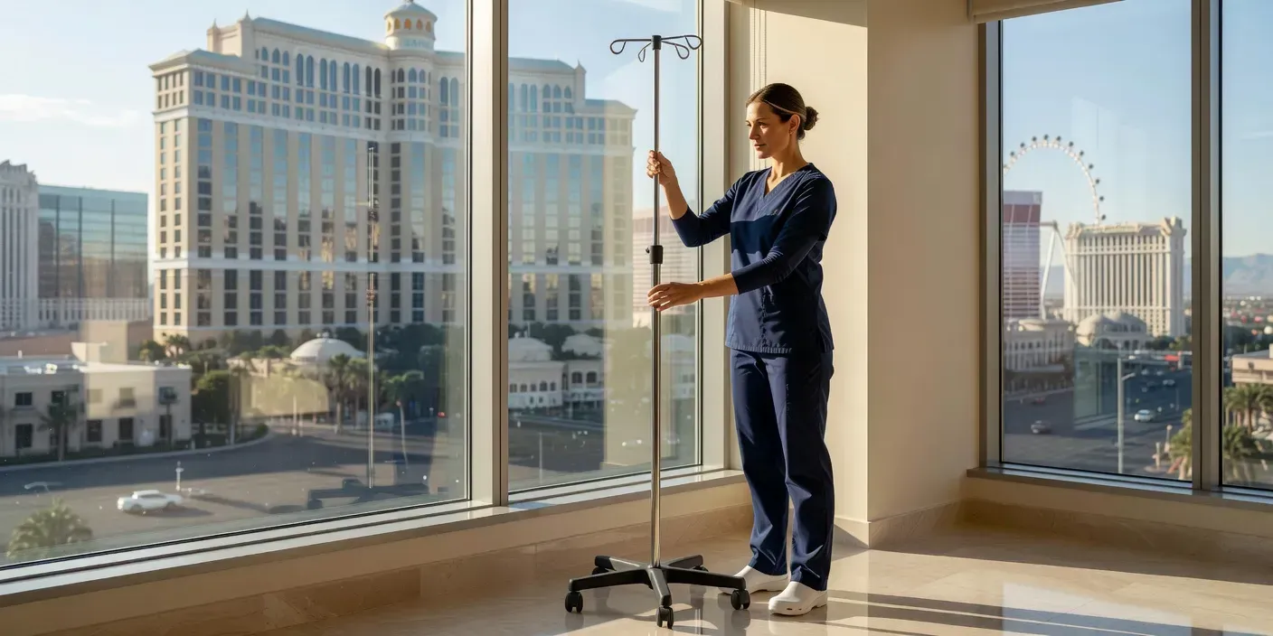 Nurse setting up a mobile IV pole beside a sunlit Las Vegas hotel window with the city skyline outside
