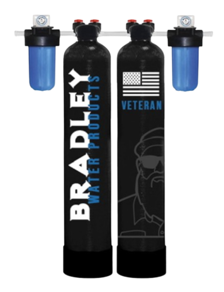 Two black water filter tanks, blue filters, and the text 