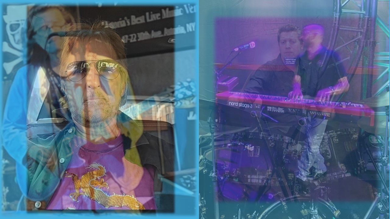 Split-screen collage of a singer on the left and a DJ performing under purple stage lights on the right