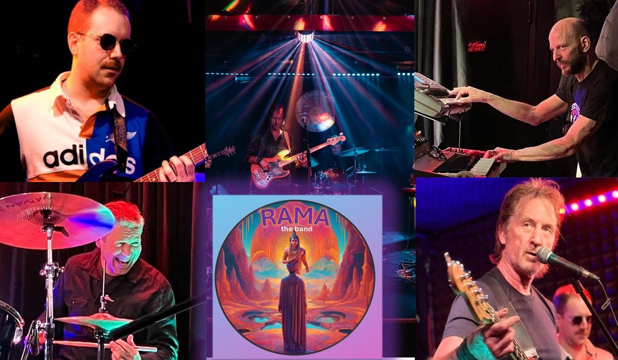 Four-panel rock band collage with stage performers, drums, guitar, and a central logo under colorful concert lights